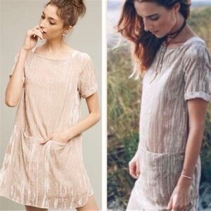 Anthropologie Floreat Beige Velvet Velour Short Sleeve Mini Shift Dress